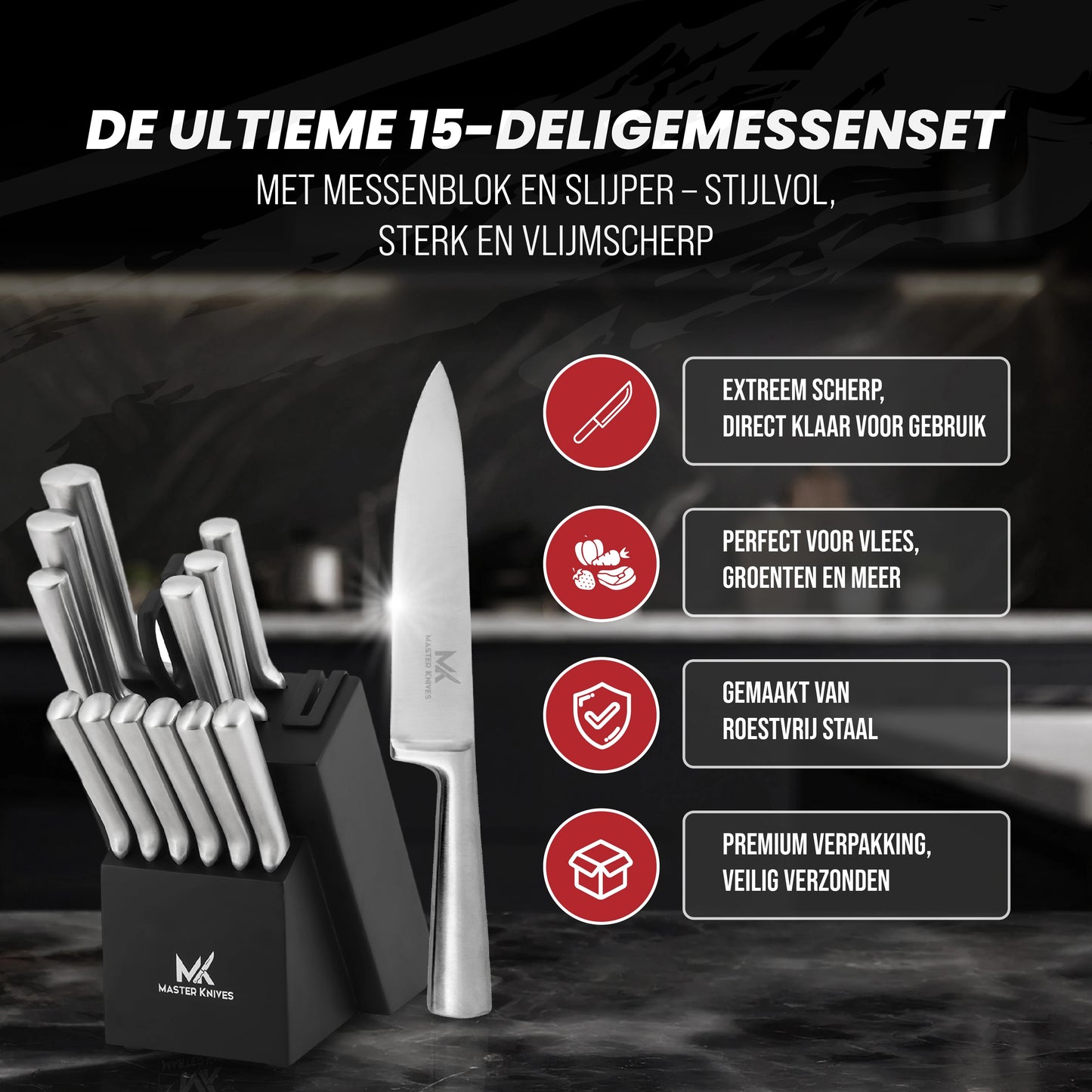 Master knives messenset met blok 15 delig