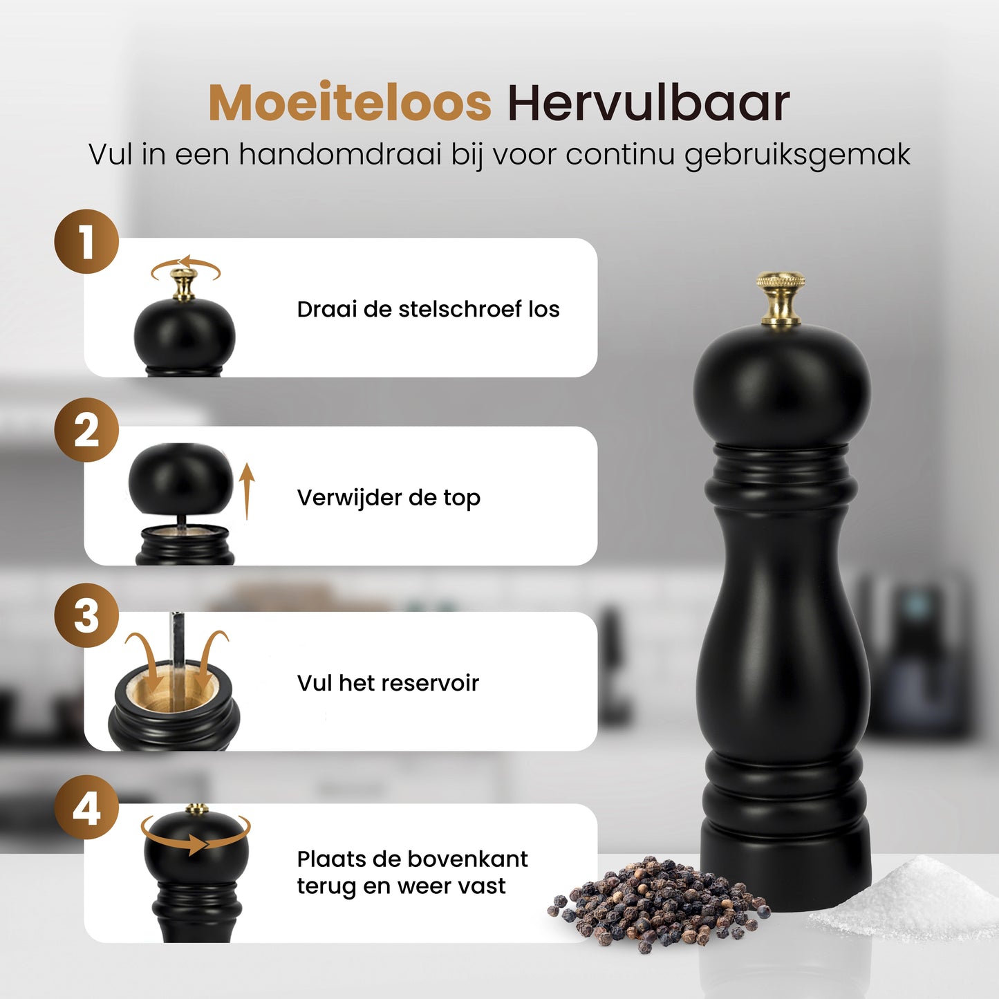 Peper en Zoutmolen set Acacia Hout 22CM Zwart