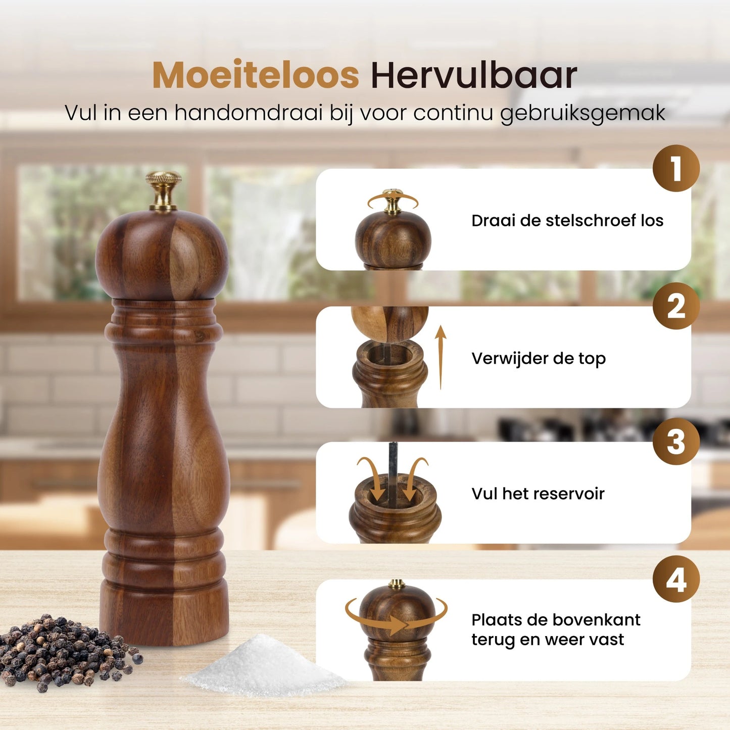 Peper en Zoutmolen set Acacia Hout 22CM