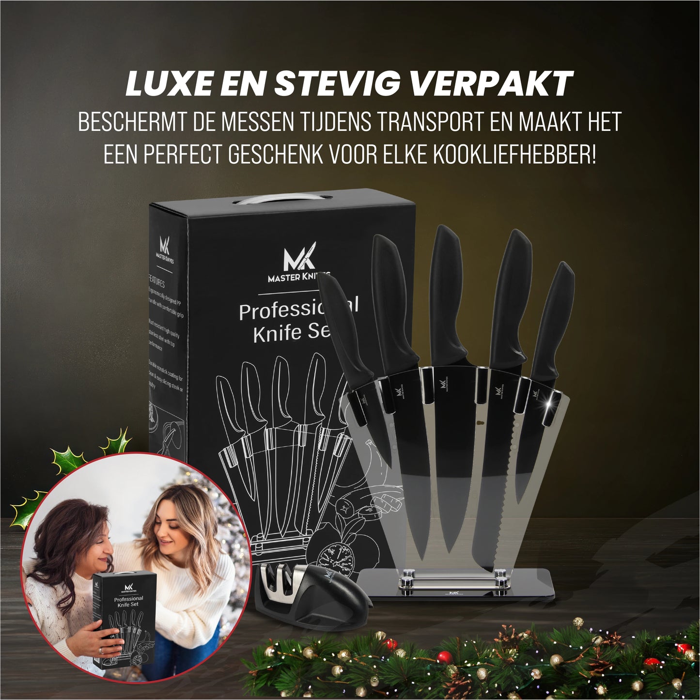 Master knives 7 -delige zwarte messenset met blok en messenslijper - carbon staal