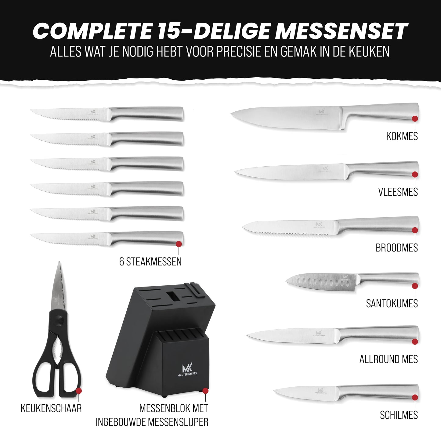 Master knives messenset met blok 15 delig