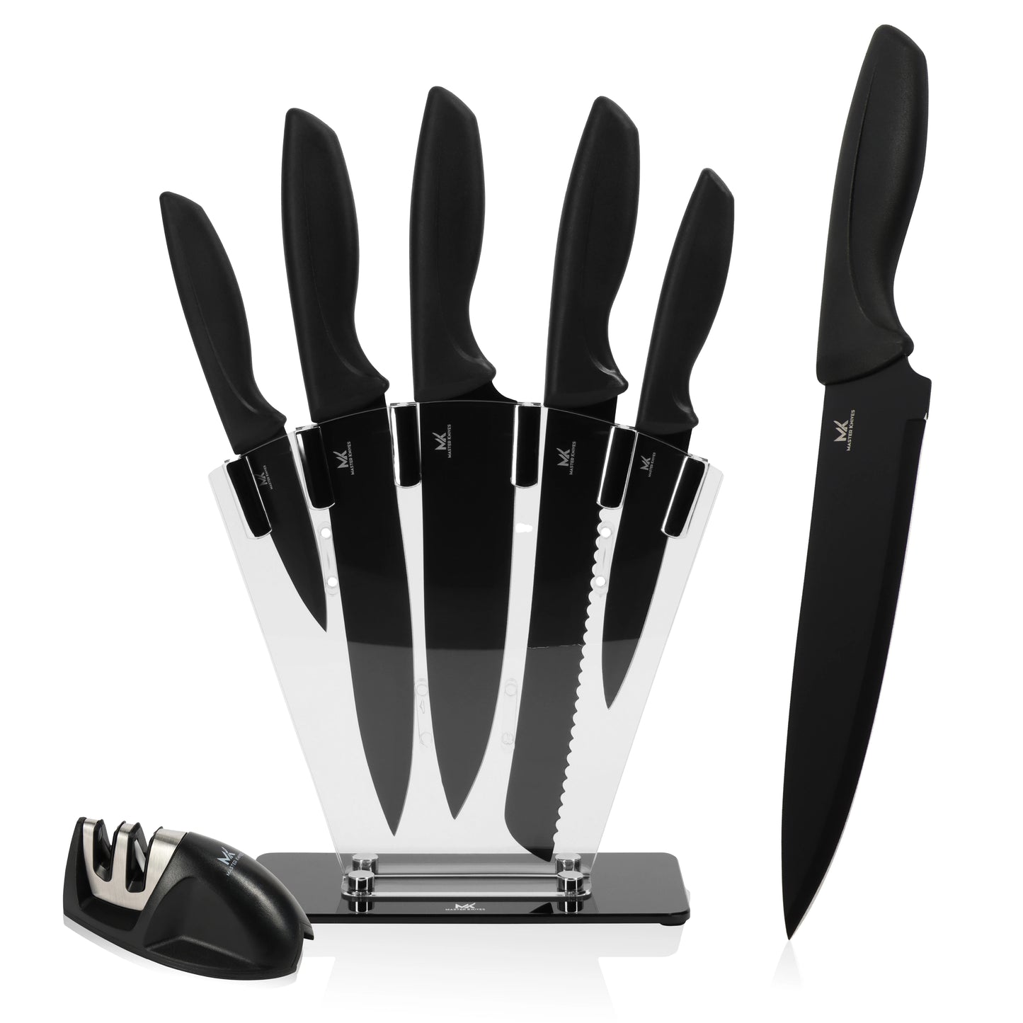 Master knives 7 -delige zwarte messenset met blok en messenslijper - carbon staal