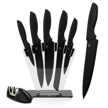 Master knives 7 -delige zwarte messenset met blok en messenslijper - carbon staal