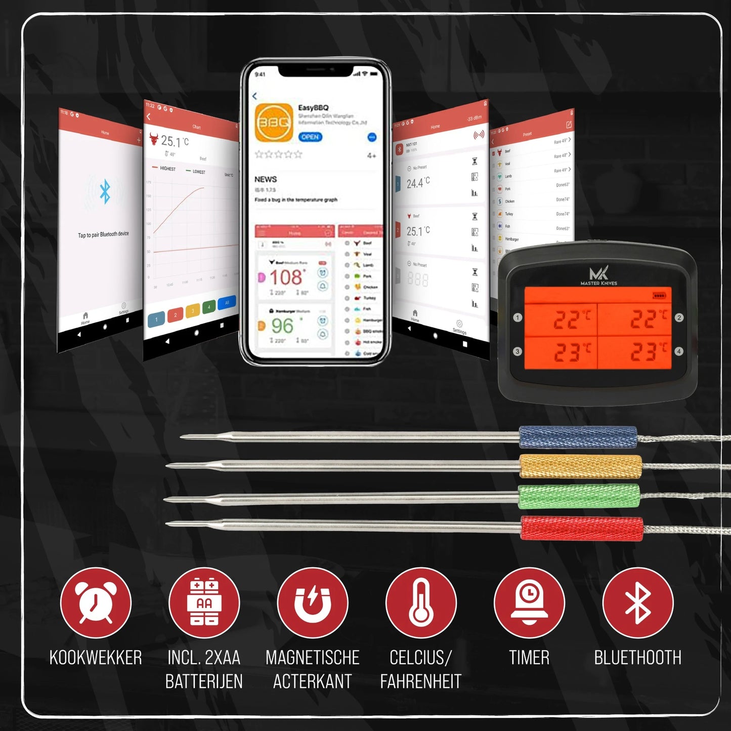 Master Knives Digitale BBQ Thermometer Met 4 Meetsondes