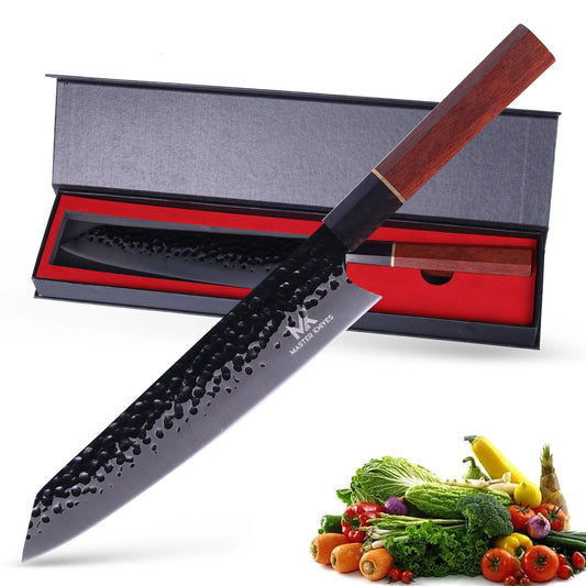 Master Knives Professioneel Japans Koksmes van 20 CM met Damascus Patroon en Handvat van Ebony Hout