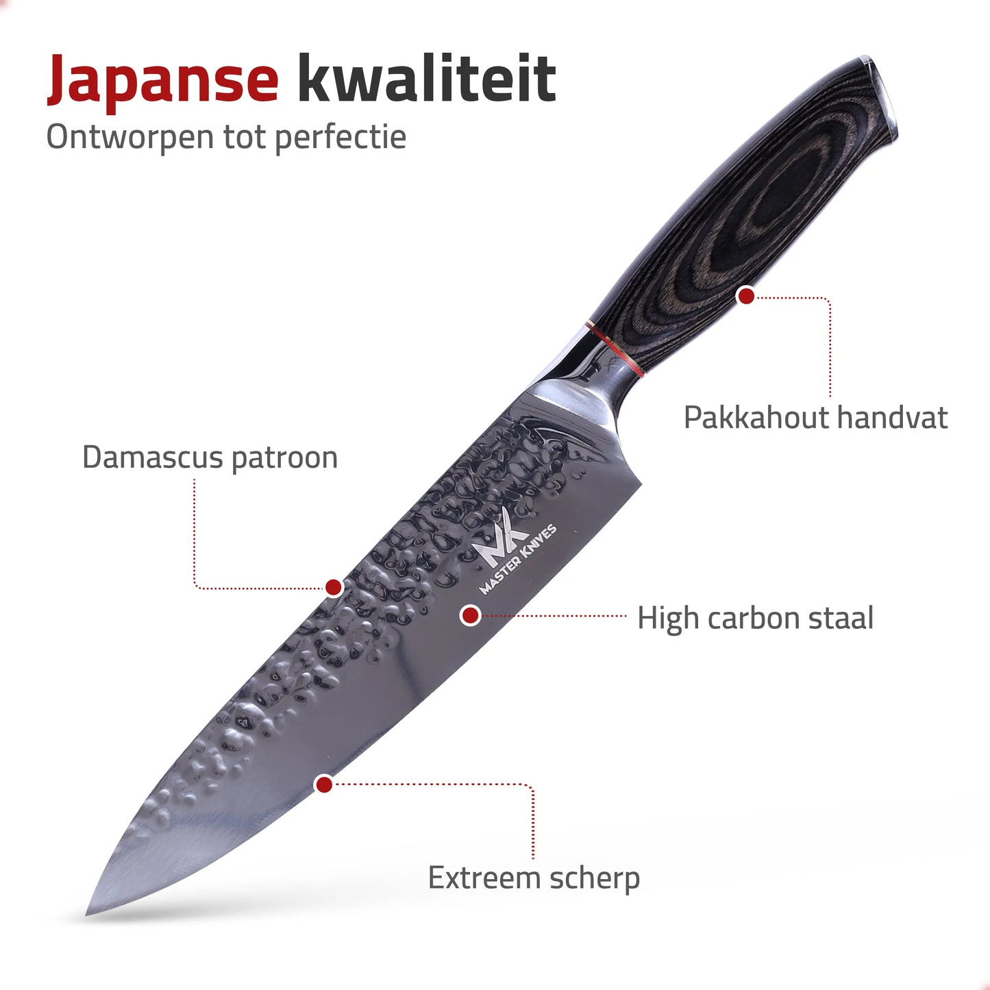 Master Knives Professioneel Japans Koksmes van 20 CM met Damascus Patroon en Handvat van Pakka Hout