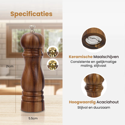 Peper en Zoutmolen set Acacia Hout 22CM