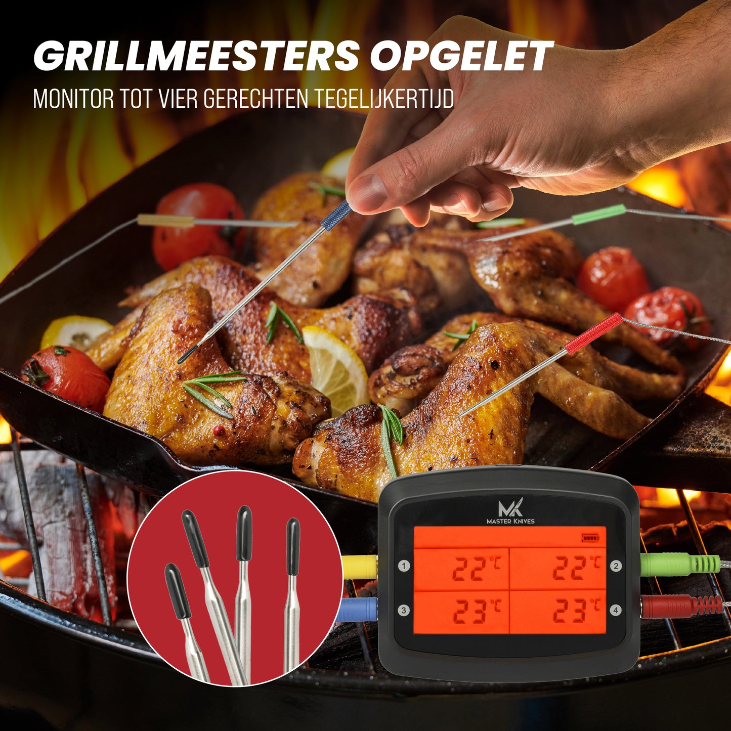 Master Knives Digitale BBQ Thermometer Met 4 Meetsondes