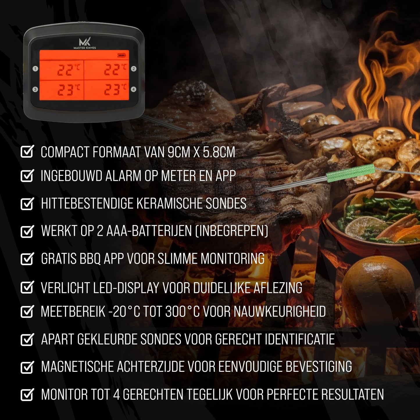 Master Knives Digitale BBQ Thermometer Met 4 Meetsondes