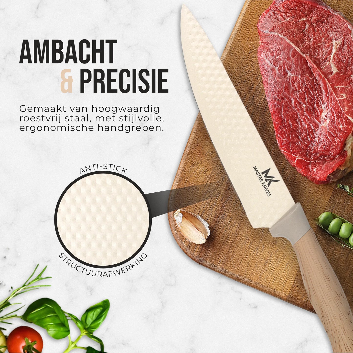 Master knives 6 -delige messenset met blok - carbon staal - olijfhout look