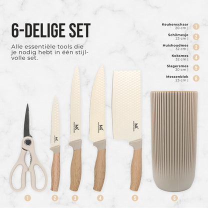 Master knives 6 -delige messenset met blok - carbon staal - olijfhout look