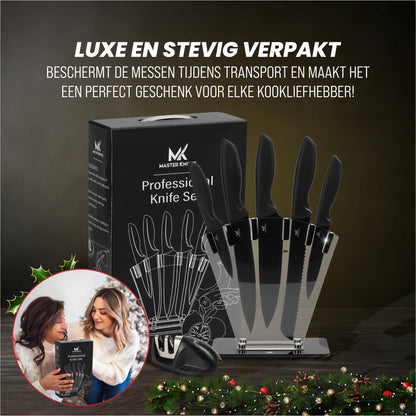 Master knives 7 -delige zwarte messenset met blok en messenslijper - carbon staal