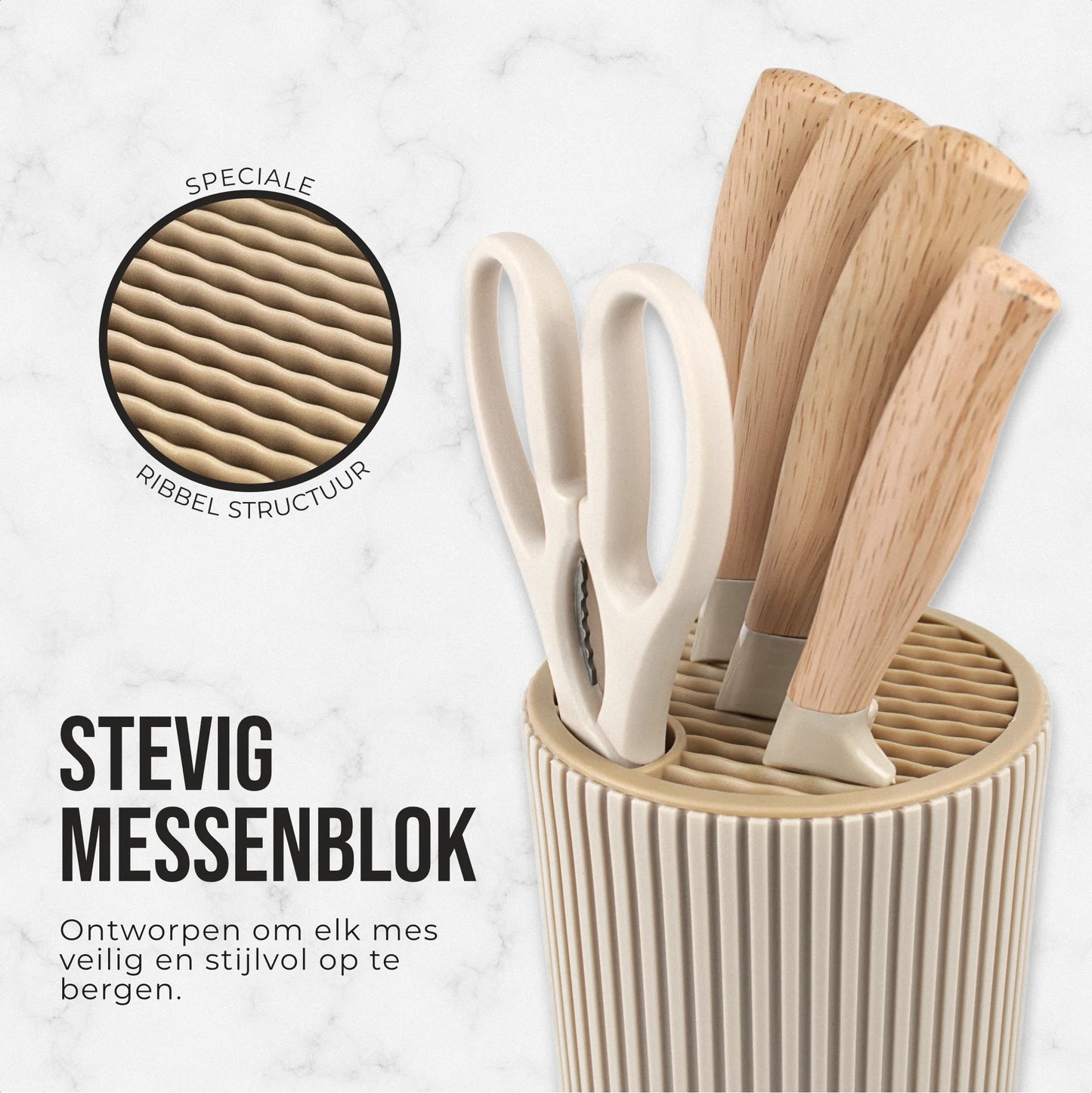 Master knives 6 -delige messenset met blok - carbon staal - olijfhout look