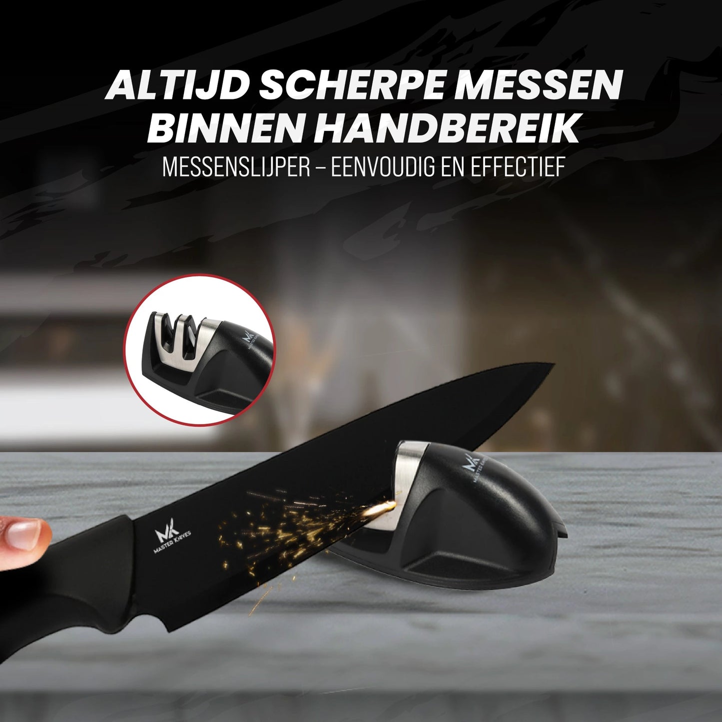 Master knives 7 -delige zwarte messenset met blok en messenslijper - carbon staal