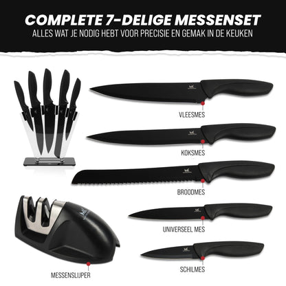 Master knives 7 -delige zwarte messenset met blok en messenslijper - carbon staal